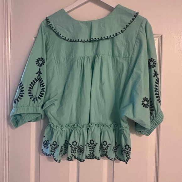 Free People Arcadia blouse Mint Green Blouse with navy Embroidery - Picture 4 of 6
